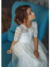 Elbow Sleeve Ivory Lace Tulle Keyhole Back Flower Girl Dress